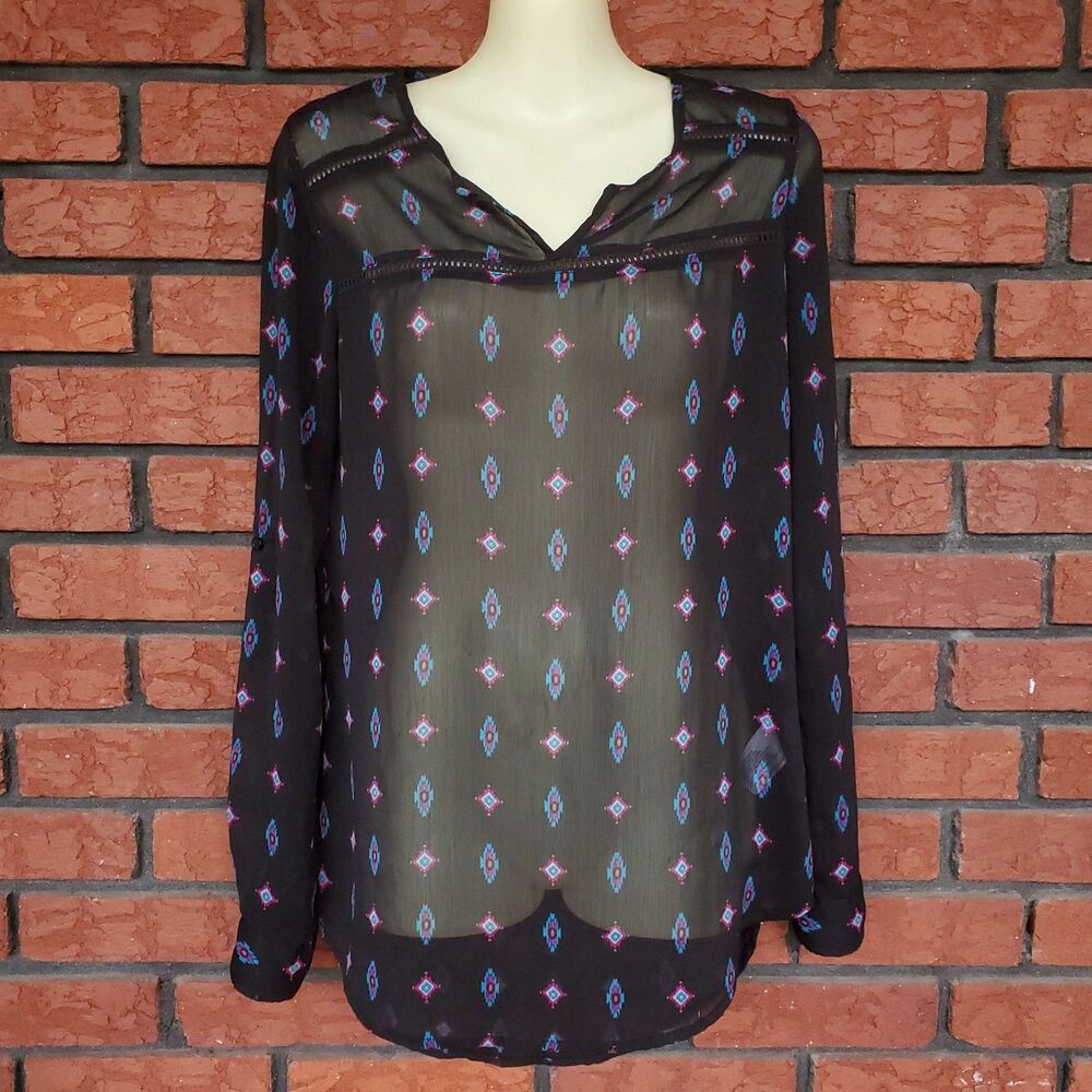Sheer Tunic Top Sz S Southwest Aztec Boho Festival Cowgirl Black Popover